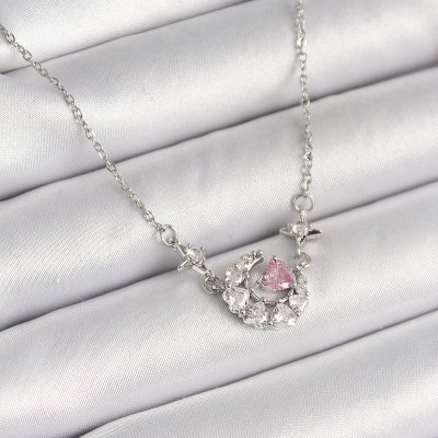 316L Çelik Gümüş Renk Zirkon Taşlı Hilal Pembe Kalp Model Kadın Kolye