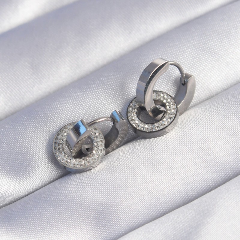 316L Çelik Gümüş Renk Zirkon Taşlı İç İçe Geçmeli Oval Küpe