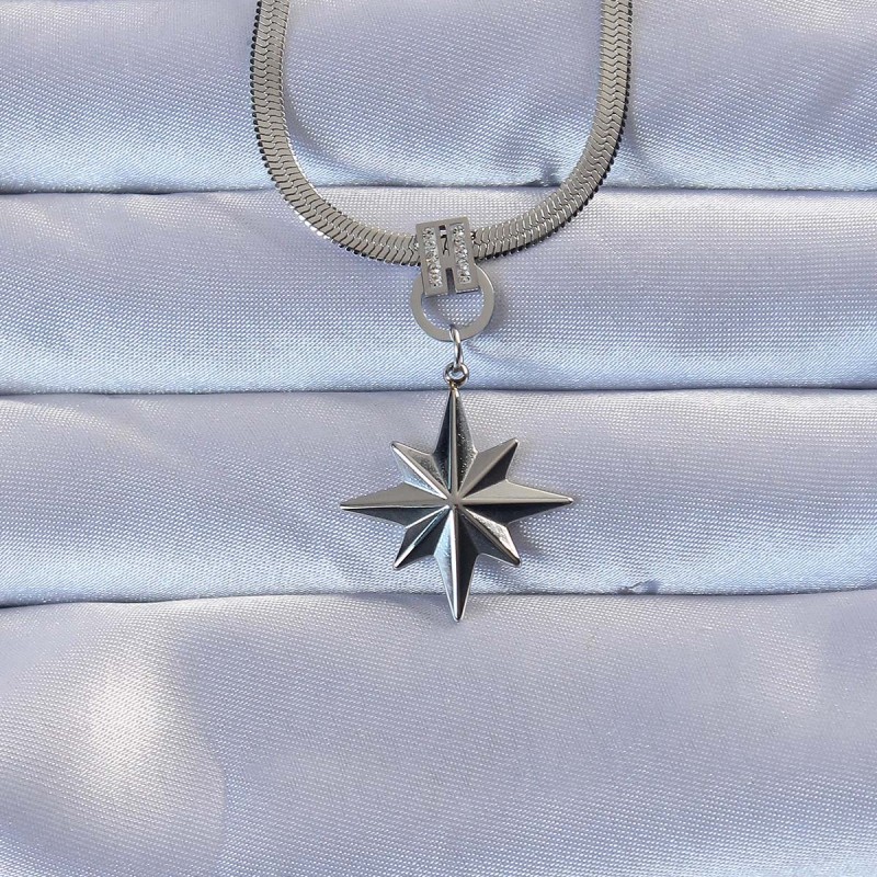 316L Çelik Gümüş Renk Zirkon Taşlı İtalyan Zincirli Kutup Yıldızı Kolye