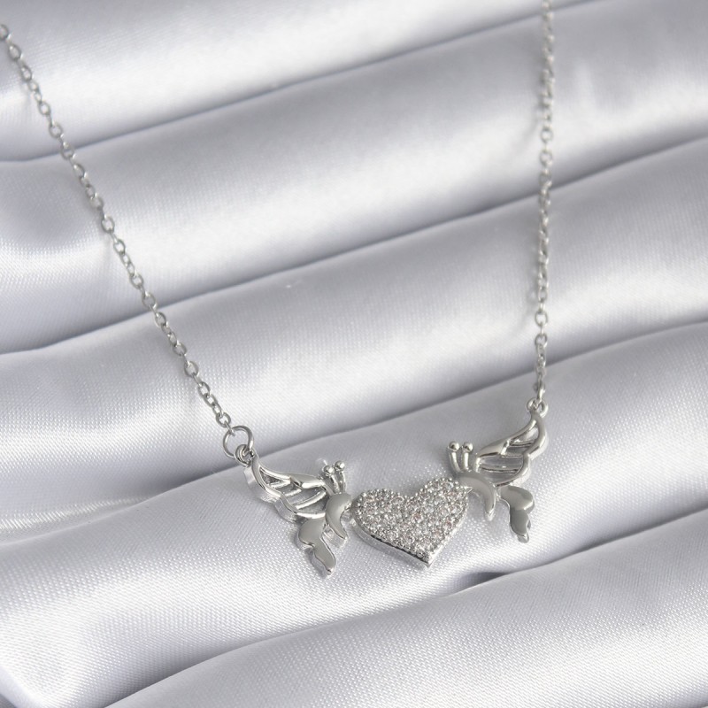 316L Çelik Gümüş Renk Zirkon Taşlı Kanat Kalp Model Kadın Kolye