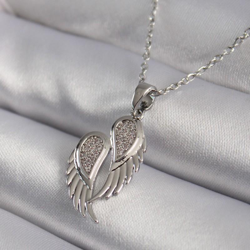 316L Çelik Gümüş Renk Zirkon Taşlı Kanat Model Kadın Kolye
