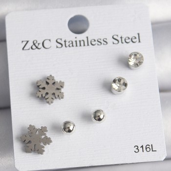 316L Çelik Gümüş Renk Zirkon Taşlı Kar Tanesi Model Kadın Küpe Seti