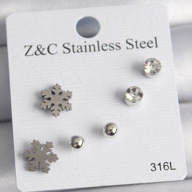 316L Çelik Gümüş Renk Zirkon Taşlı Kar Tanesi Model Kadın Küpe Seti