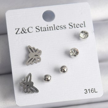 316L Çelik Gümüş Renk Zirkon Taşlı Kelebek Model Kadın Küpe Seti