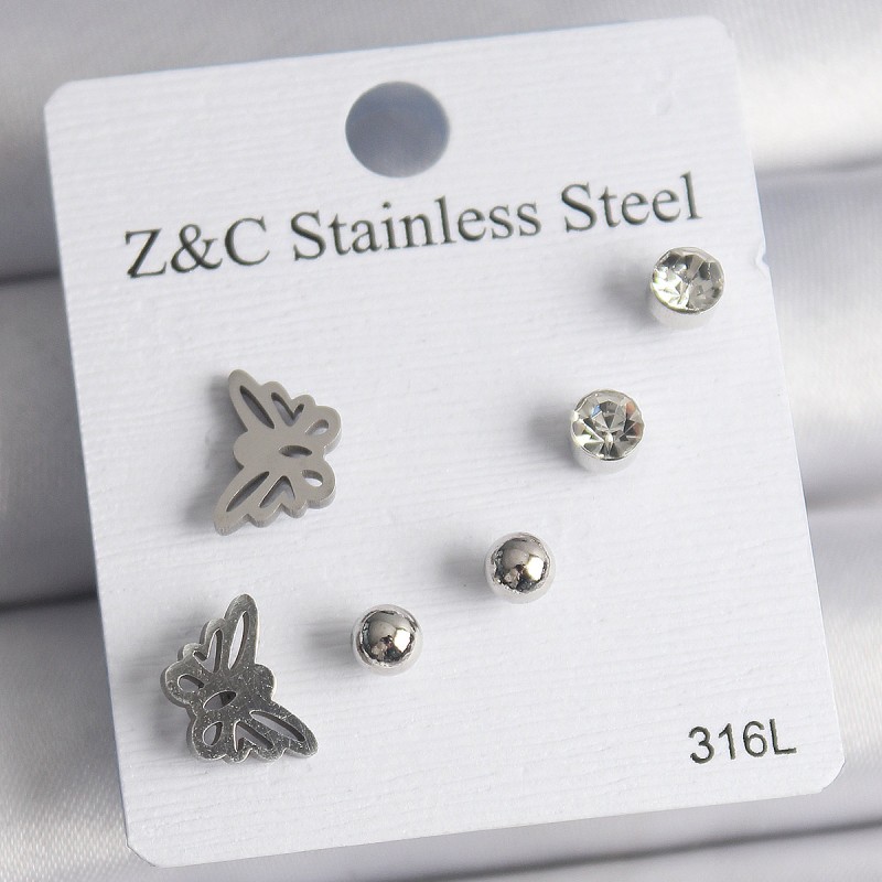 316L Çelik Gümüş Renk Zirkon Taşlı Kelebek Model Kadın Küpe Seti