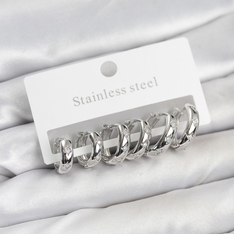 316L Çelik Gümüş Renk Zirkon Taşlı Kutup Yıldızı Model Halka Küpe Seti