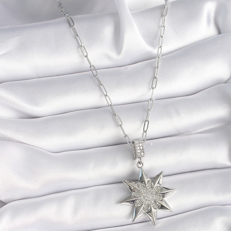 316L Çelik Gümüş Renk Zirkon Taşlı Kutup Yıldızı Model Kadın Kolye