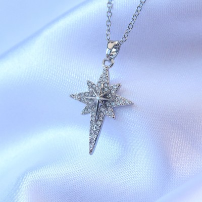 316L Çelik Gümüş Renk Zirkon Taşlı Kutup Yıldızı Model Kolye