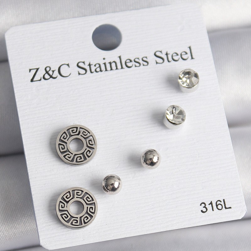 316L Çelik Gümüş Renk Zirkon Taşlı Labirent Model Kadın Küpe Seti