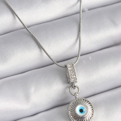 316L Çelik Gümüş Renk Zirkon Taşlı Nazar Boncuk Model Kadın Kolye