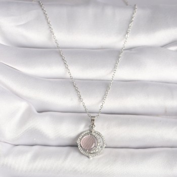 316L Çelik Gümüş Renk Zirkon Taşlı Pembe Sedefli Hilal Model Kadın Kolye