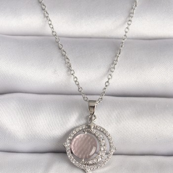 316L Çelik Gümüş Renk Zirkon Taşlı Pembe Sedefli Hilal Model Kadın Kolye