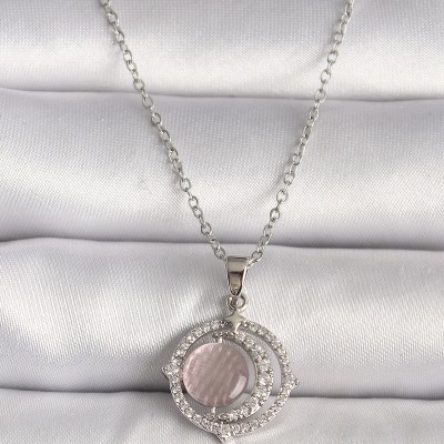 316L Çelik Gümüş Renk Zirkon Taşlı Pembe Sedefli Hilal Model Kadın Kolye