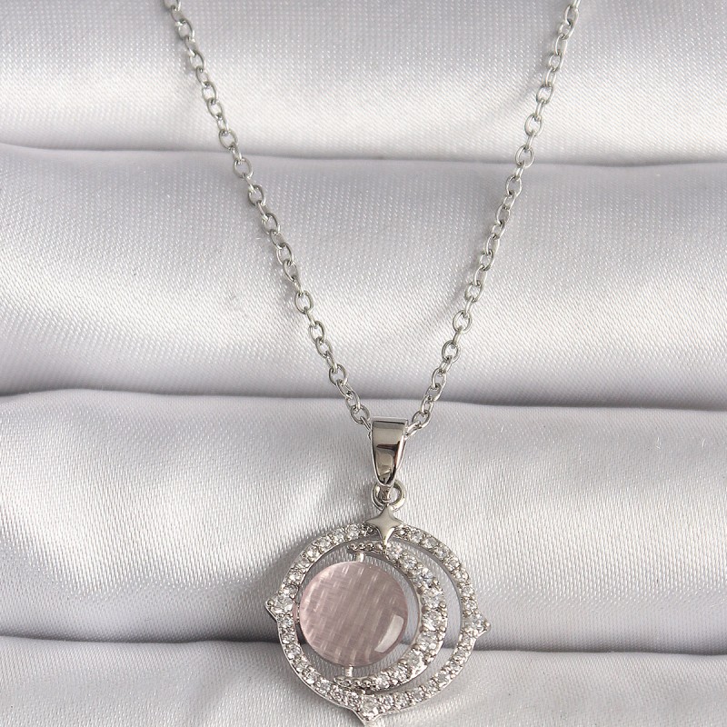 316L Çelik Gümüş Renk Zirkon Taşlı Pembe Sedefli Hilal Model Kadın Kolye