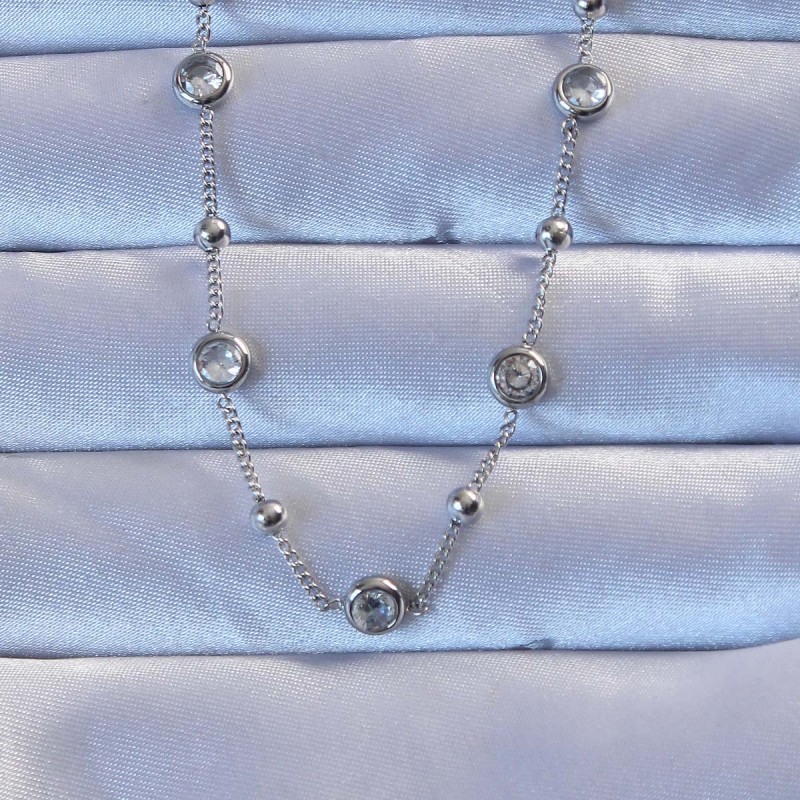 316L Çelik Gümüş Renk Zirkon Taşlı Top Zincirli Kolye