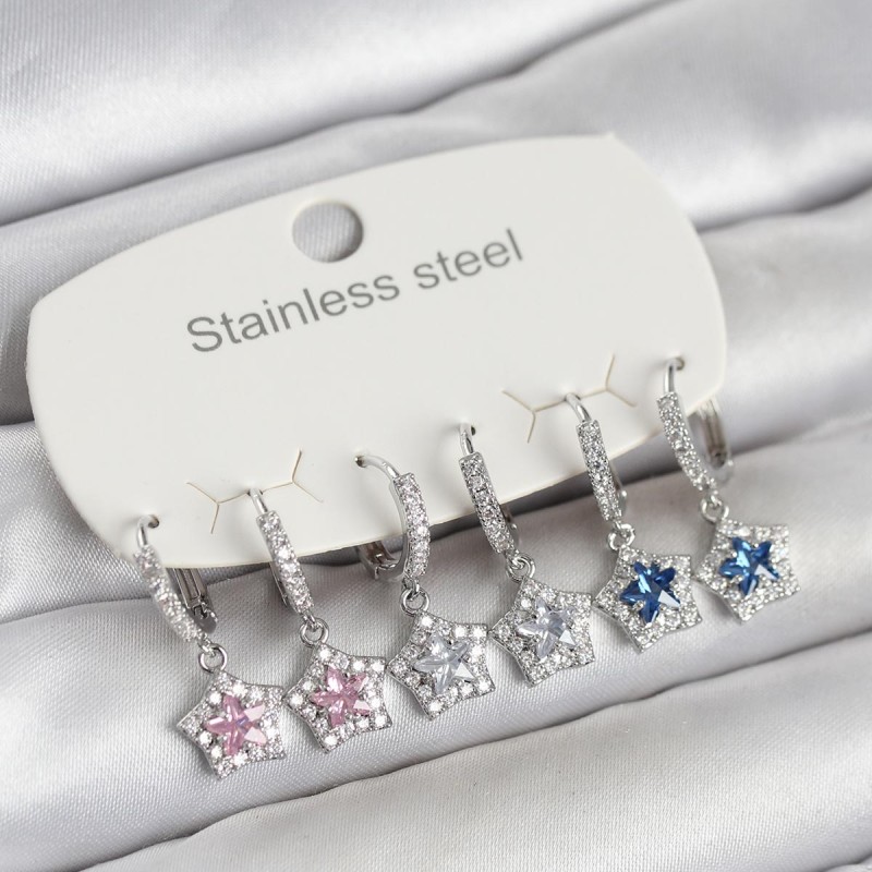 316L Çelik Gümüş Renk Zirkon Taşlı Yıldız Form 6'lı Set Kadın Küpe