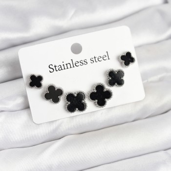 316L Çelik Gümüş Siyah Renk 3 Boy Yonca Küpe Seti