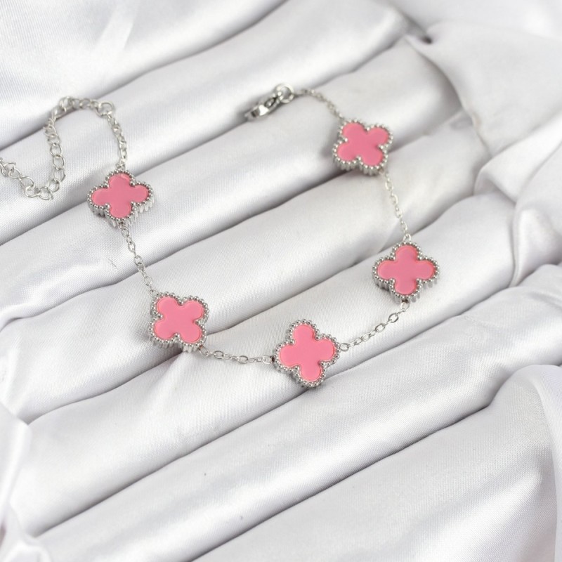 316L Çelik Gümüş Zincir Pembe Renk Yonca Bileklik