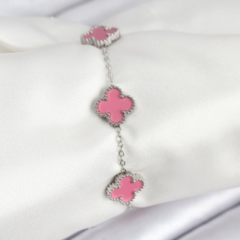 316L Çelik Gümüş Zincir Pembe Renk Yonca Bileklik