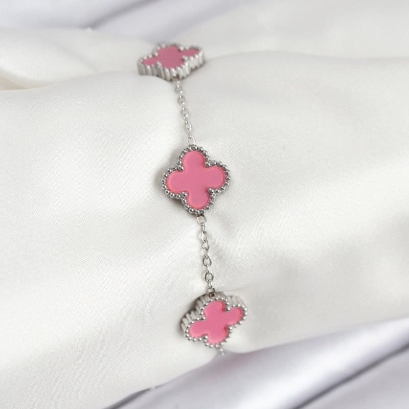 316L Çelik Gümüş Zincir Pembe Renk Yonca Bileklik