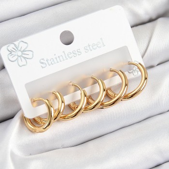 316L Çelik Halka Model Gold Renk 3'lü Set Kadın Küpe