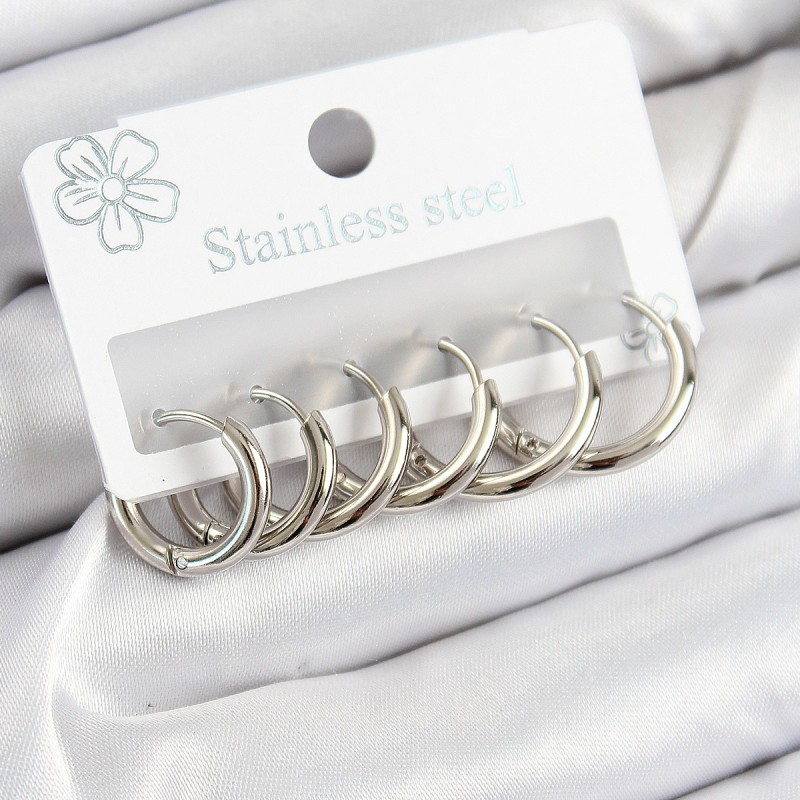 316L Çelik Halka Model Gümüş Renk 3'lü Set Kadın Küpe
