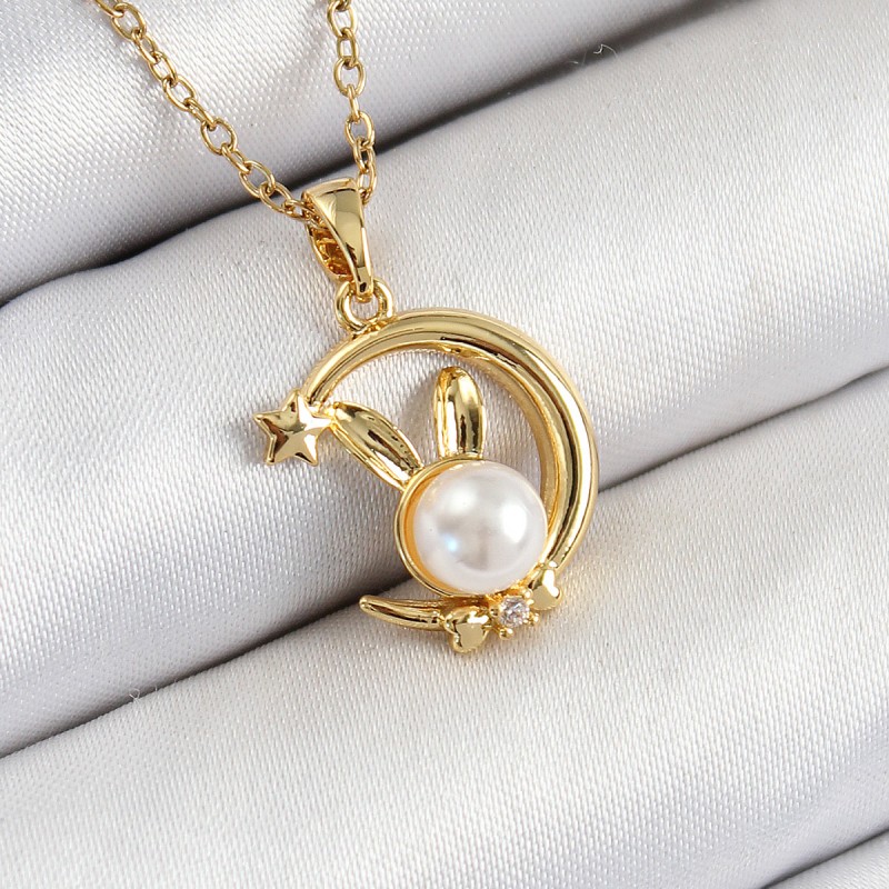 316L Çelik İnci Detaylı Hilal Tavşan Model Gold Renk Kadın Kolye