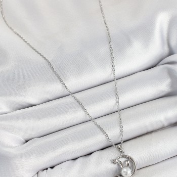 316L Çelik İnci Detaylı Hilal Tavşan Model Gümüş Renk Kadın Kolye