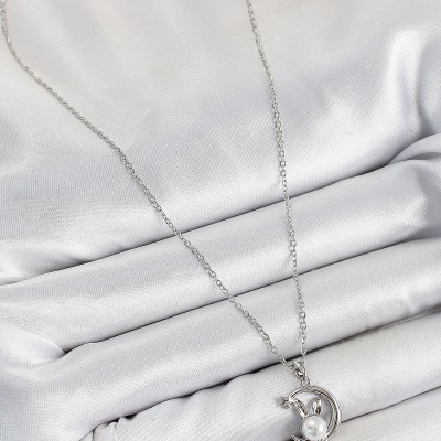 316L Çelik İnci Detaylı Hilal Tavşan Model Gümüş Renk Kadın Kolye