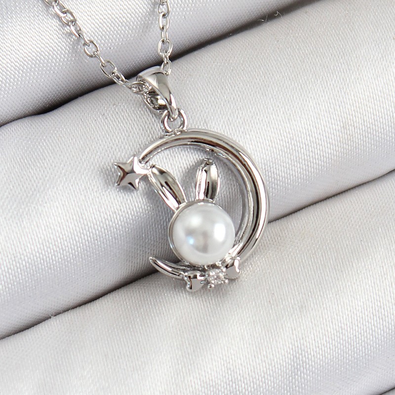 316L Çelik İnci Detaylı Hilal Tavşan Model Gümüş Renk Kadın Kolye
