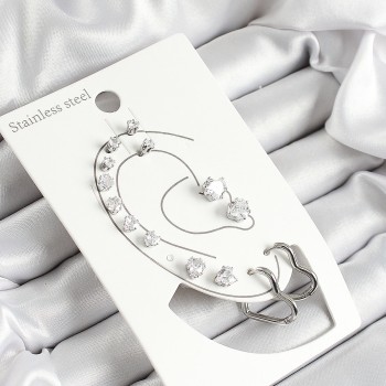 316L Çelik Kalp Figürlü Ve Zirkon Taşlı Gümüş Renk 7'li Çift Kadın Küpe Set