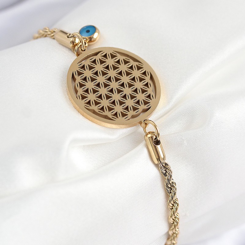 316L Çelik Nazar Boncuğu Detaylı Yaşam Çiçeği Model Gold Renk Kadın Bileklik