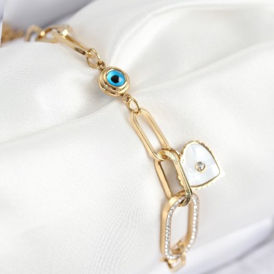 316L Çelik Nazar Boncuğu Ve Zirkon Taşlı Kalp Model Gold Renk Kadın Bileklik
