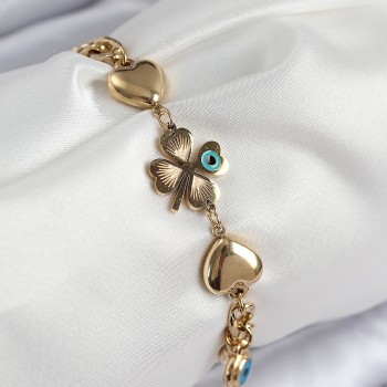 316L Çelik Nazar Boncuk Detaylı Yonca Model Gold Renk Kadın Bileklik