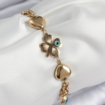 316L Çelik Nazar Boncuk Detaylı Yonca Model Gold Renk Kadın Bileklik