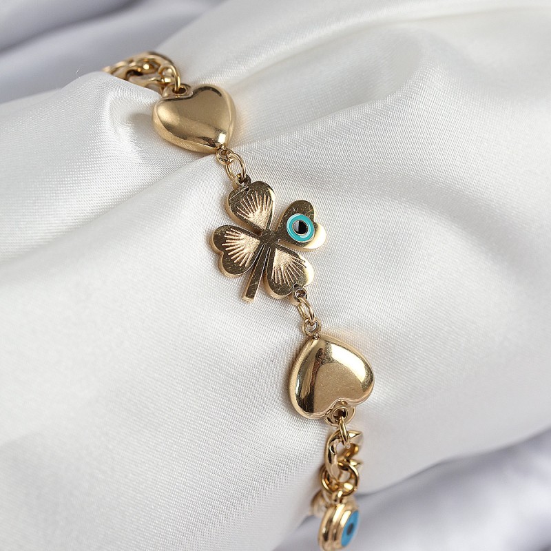 316L Çelik Nazar Boncuk Detaylı Yonca Model Gold Renk Kadın Bileklik