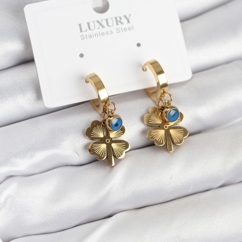 316L Çelik Nazarlı Yonca Model Kadın Küpe