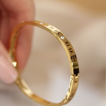 316L Çelik Roma Rakamlı Gold Renk Bilezik Kelepçe