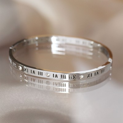 316L Çelik Roma Rakamlı Silver Renk Bilezik Kelepçe
