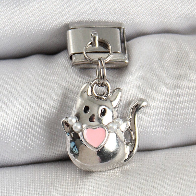 316L Çelik Sallantılı Kalp Detaylı Kedi Model Gümüş Renk Nomination Charm