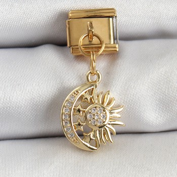 316L Çelik Sallantılı Zirkon Taşlı Ay Ve Güneş Model Gold Renk Nomination Charm