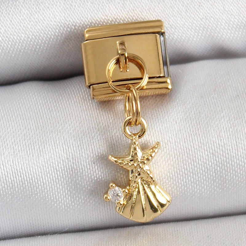 316L Çelik Sallantılı Zirkon Taşlı Deniz Yıldızı Ve İstiridye Model Gold Renk Nomination Charm
