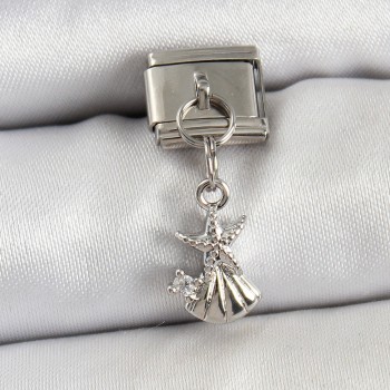 316L Çelik Sallantılı Zirkon Taşlı Deniz Yıldızı Ve İstiridye Model Gümüş Renk Nomination Charm