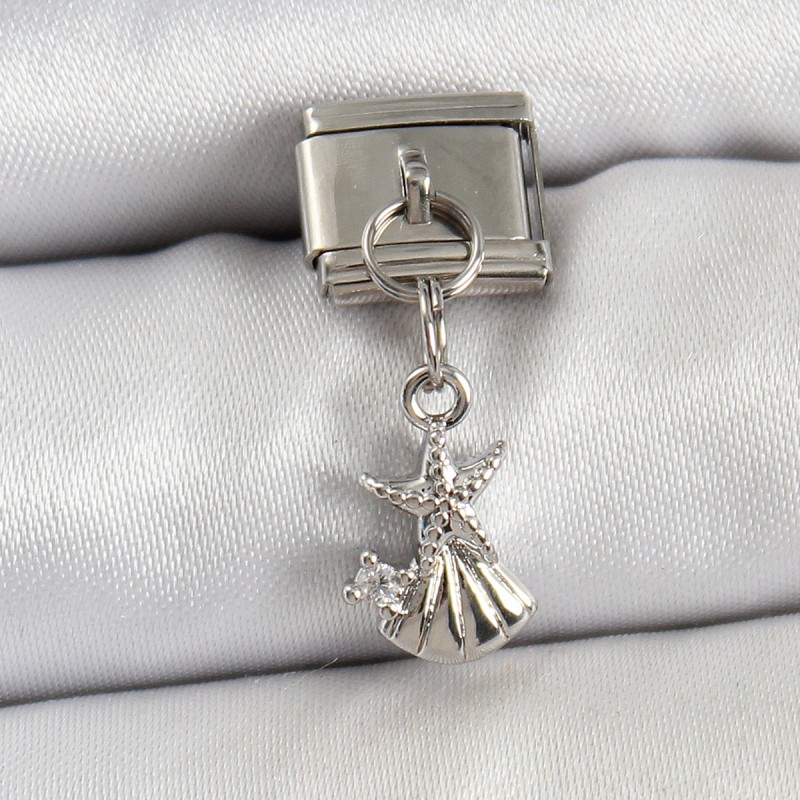 316L Çelik Sallantılı Zirkon Taşlı Deniz Yıldızı Ve İstiridye Model Gümüş Renk Nomination Charm
