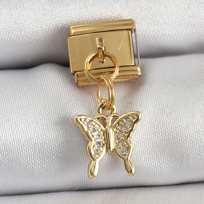 316L Çelik Sallantılı Zirkon Taşlı Kelebek Model Gold Renk Nomination Charm