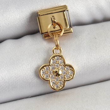 316L Çelik Sallantılı Zirkon Taşlı Yonca Model Gold Renk Nomination Charm
