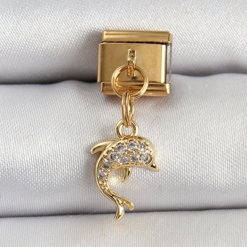 316L Çelik Sallantılı Zirkon Taşlı Yunus Balığı Model Gold Renk Nomination Charm