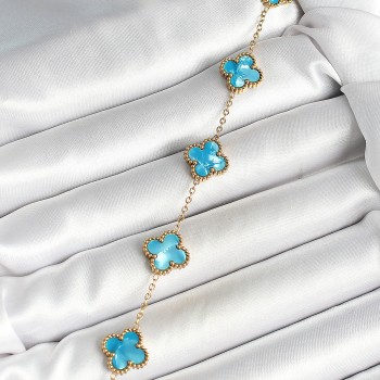 316L Çelik Sedefli Gökyüzü Mavisi Gold Renk Yonca Kadın Bileklik