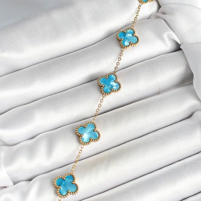 316L Çelik Sedefli Gökyüzü Mavisi Gold Renk Yonca Kadın Bileklik