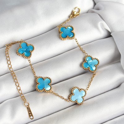 316L Çelik Sedefli Gökyüzü Mavisi Gold Renk Yonca Kadın Bileklik